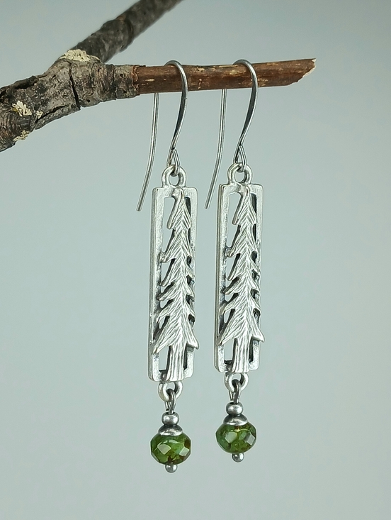Hand Crafted Jewelry - HAND CRAFTED Evergreen Tree Silver Dangle Earrings Green Czech Glass Rustic